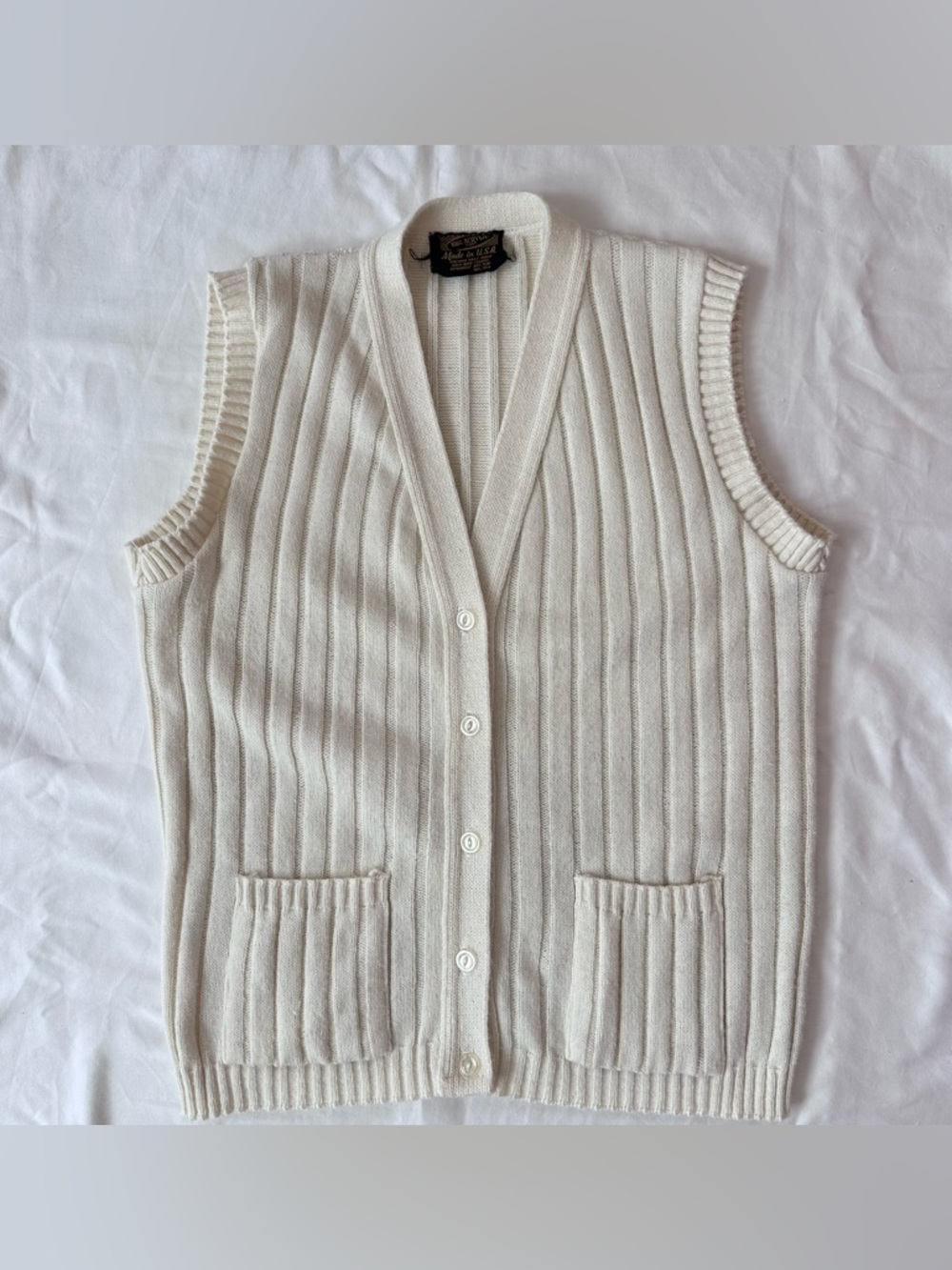 America Vintage Cream Button Sweater Vest with Front Pockets- ESTIMATED SIZE S/M
